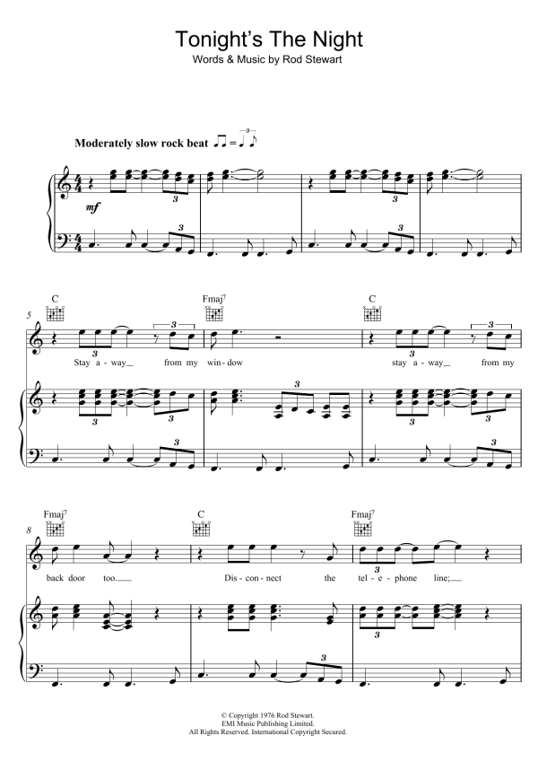 Rod Stewart Tonight's The Night (Gonna Be Alright) Musik Noten - Piano, Vocal & Guitar Chords - 46825-0