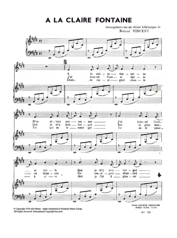Roland Vincent A La Claire Fontaine Musik Noten - Piano & Vocal - 120813-0
