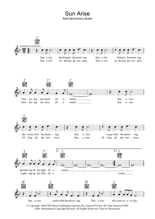 Rolf Harris Sun Arise Musik Noten - Lead Sheet / Fake Book - 37952-0