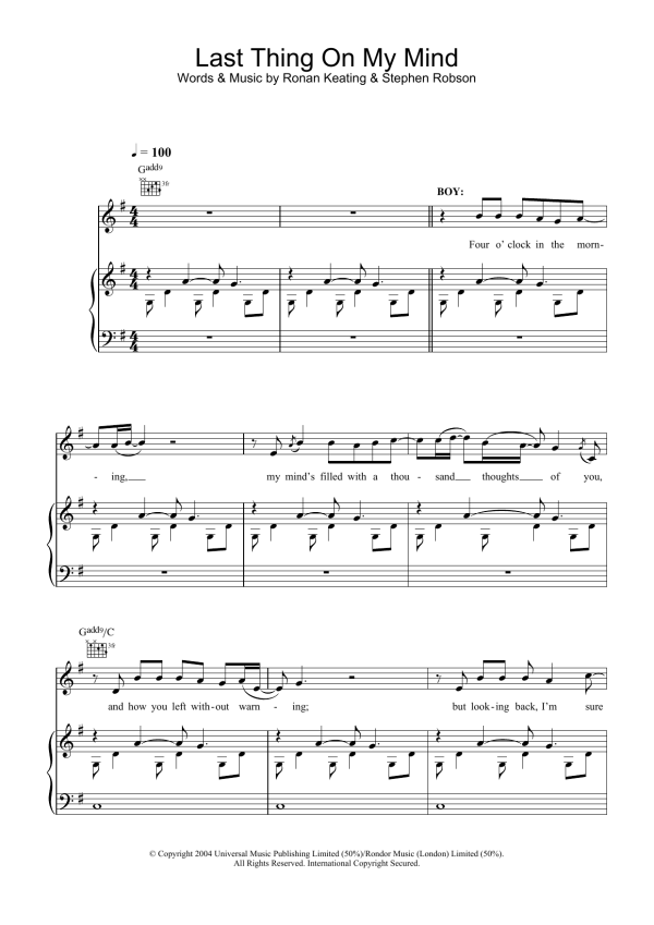 Ronan Keating Last Thing On My Mind Musik Noten - Piano, Vocal & Guitar Chords - 28577-0