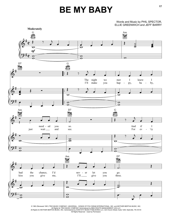 Ronettes Be My Baby Musik Noten - Piano, Vocal & Guitar Chords - 154864-0