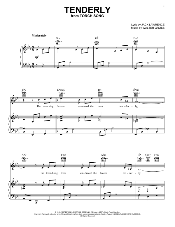 Rosemary Clooney Tenderly Musik Noten - Piano, Vocal & Guitar Chords - 26261-0