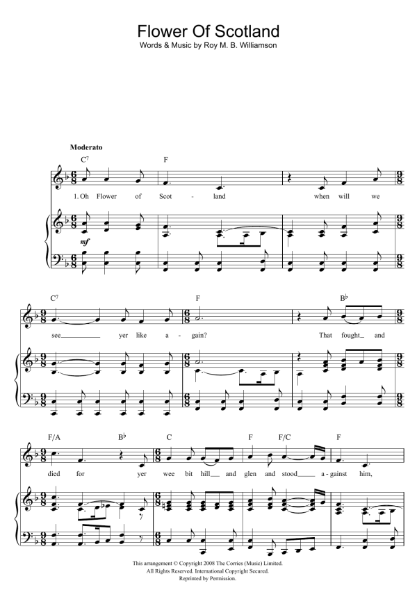 Roy M. B. Williamson Flower Of Scotland (Unofficial Scottish National Anthem) Musik Noten - Piano, Vocal & Guitar Chords - 43979-0