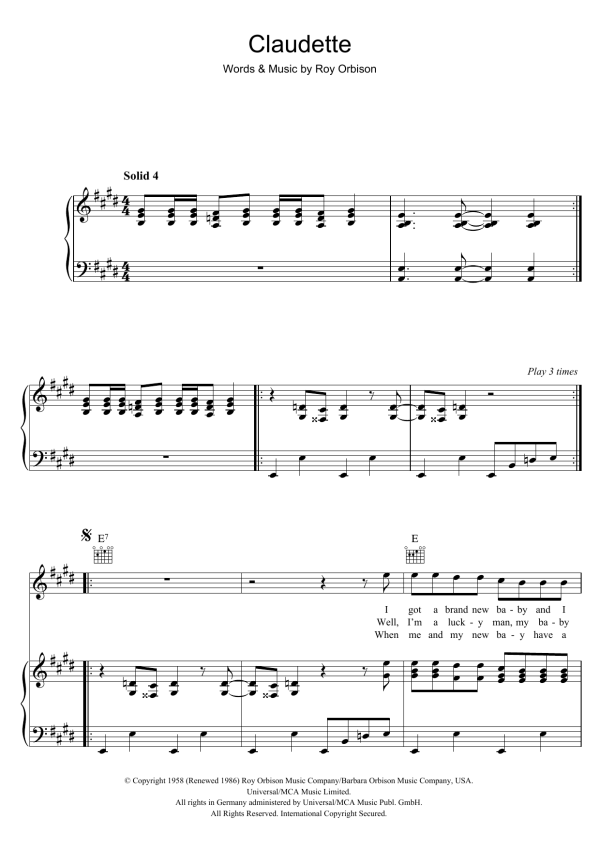 Roy Orbison Claudette Musik Noten - Piano, Vocal & Guitar Chords - 41277-0
