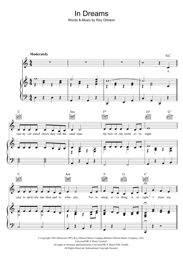 Roy Orbison In Dreams Musik Noten - Piano, Vocal & Guitar Chords - 41407-0