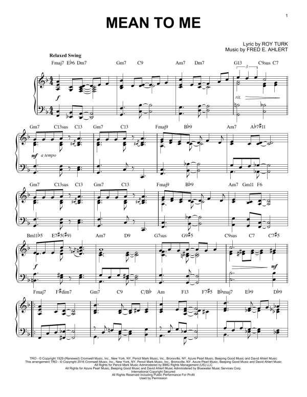 Roy Turk Mean To Me (from Love Me Or Leave Me) (arr. Brent Edstrom) Musik Noten - Piano Solo - 174879-0