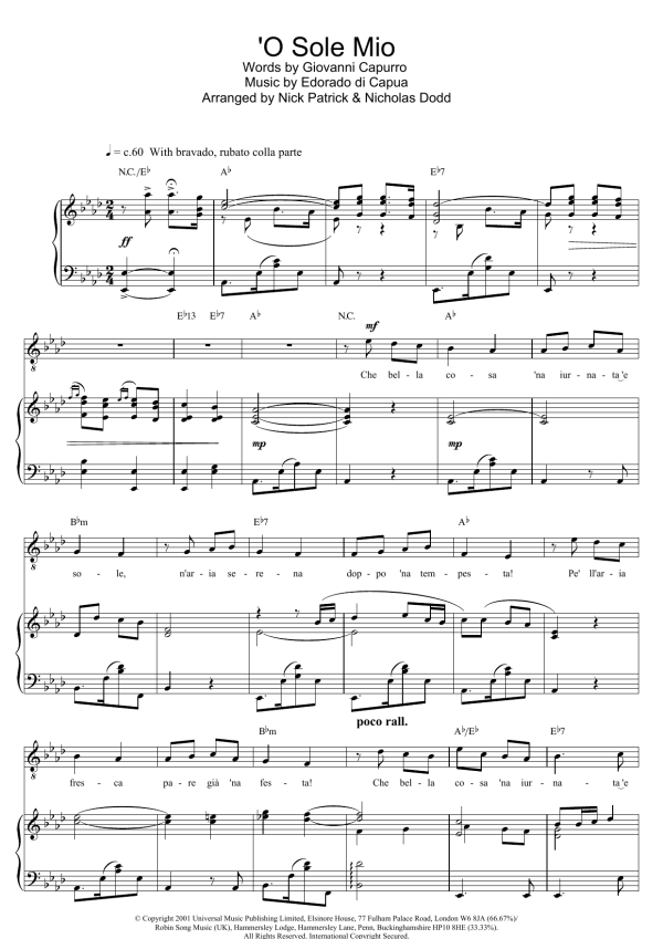 Russell Watson O Sole Mio Musik Noten - Piano, Vocal & Guitar Chords - 20802-0