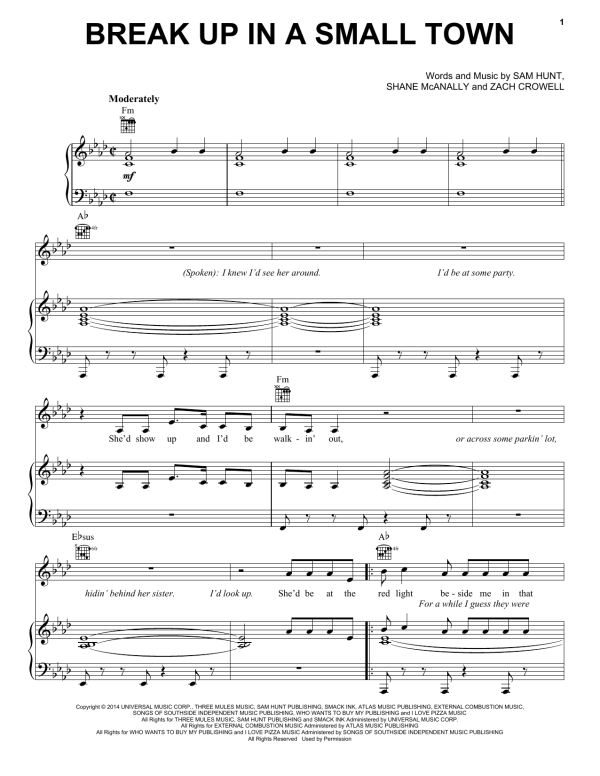 Sam Hunt Break Up In A Small Town Musik Noten - Piano, Vocal & Guitar Chords - 162626-0