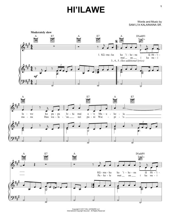 Sam Li'a Kalainaina Sr. Hi'ilawe Musik Noten - Piano, Vocal & Guitar Chords - 177839-0