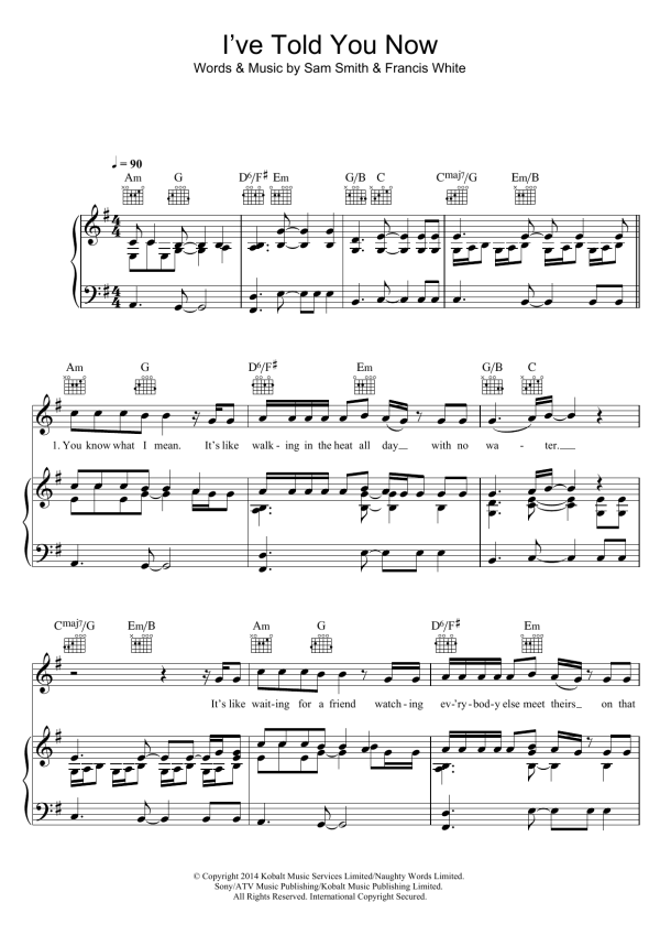Sam Smith I've Told You Now Musik Noten - Piano, Vocal & Guitar Chords - 119430-0