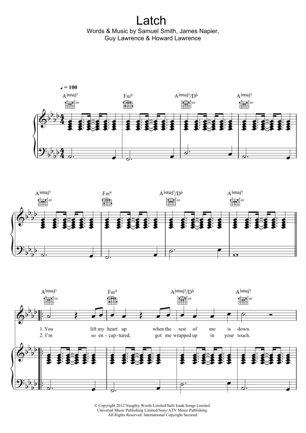 Sam Smith Latch Musik Noten - Piano, Vocal & Guitar Chords - 119013-0
