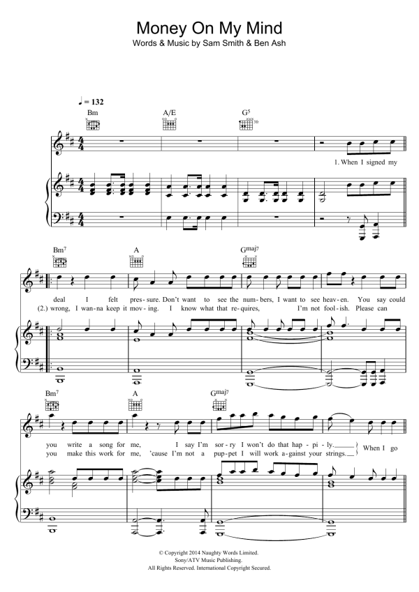 Sam Smith Money On My Mind Musik Noten - Easy Piano - 159347-0
