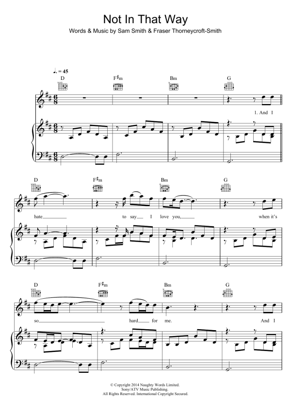 Sam Smith Not In That Way Musik Noten - Piano, Vocal & Guitar Chords - 155851-0