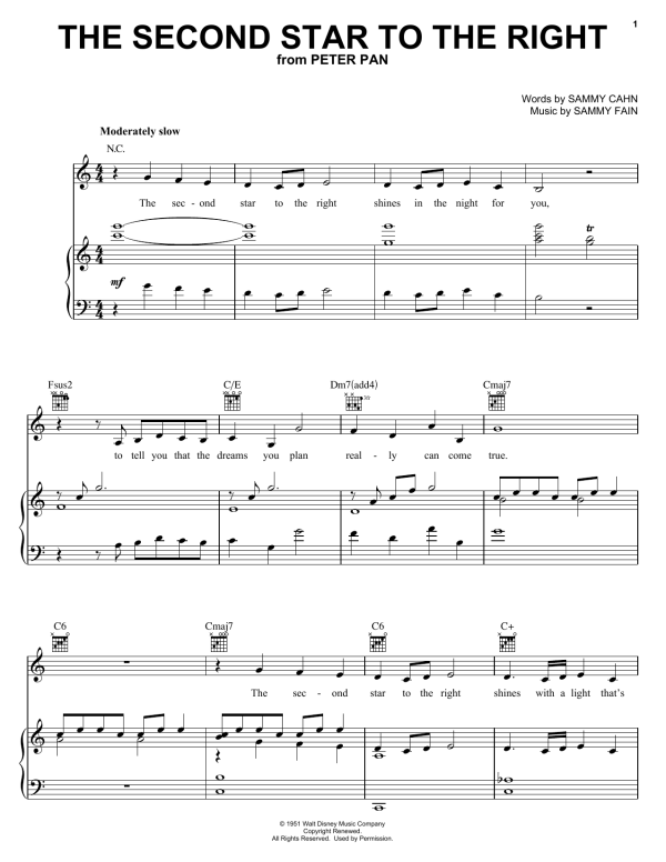Sammy Cahn & Sammy Fain The Second Star To The Right (from Return To Neverland) Musik Noten - Piano, Vocal & Guitar Chords - 19851-0