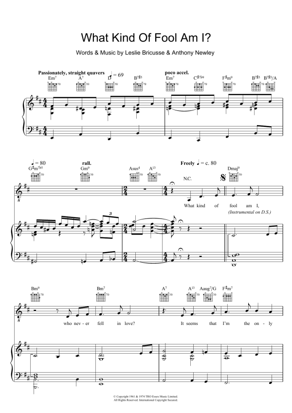 Sammy Davis Jr. What Kind Of Fool Am I (from Stop The World, I Want To Get Off) Musik Noten - Piano, Vocal & Guitar Chords - 112170-0
