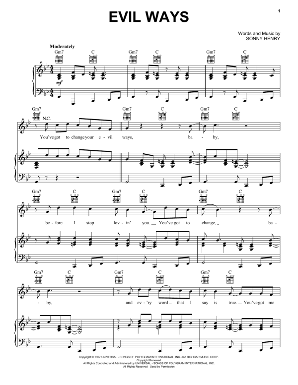 Santana Evil Ways Musik Noten - Guitar Chords/Lyrics - 84100-0