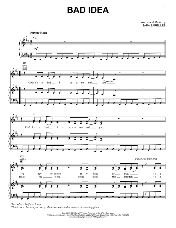 Sara Bareilles Bad Idea (from Waitress The Musical) Musik Noten - Piano & Vocal - 175727-0