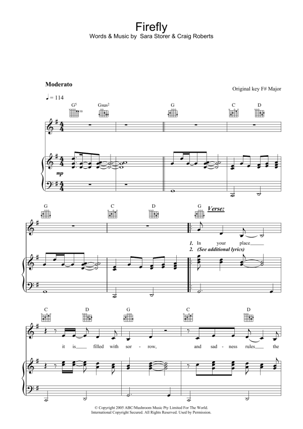 Sara Storer Firefly Musik Noten - Piano, Vocal & Guitar Chords - 38943-0