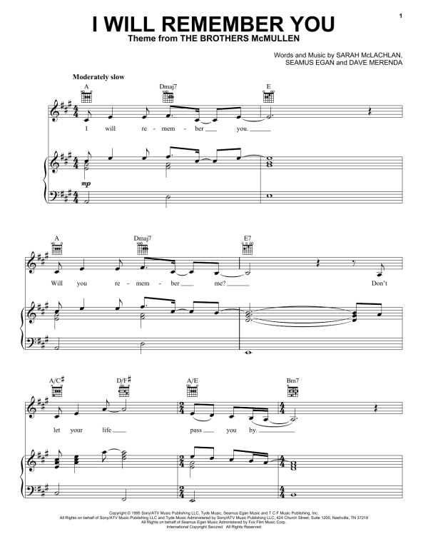 Sarah McLachlan I Will Remember You Musik Noten - Piano, Vocal & Guitar Chords - 16295-0