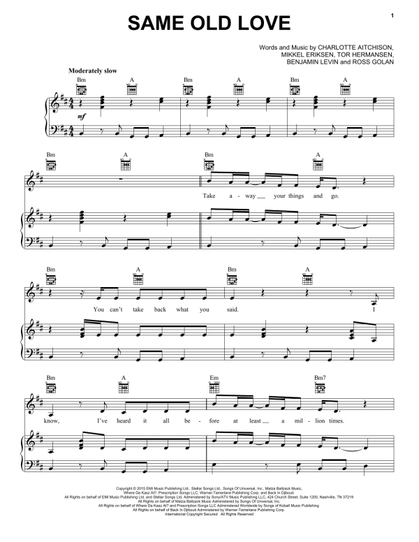 Selena Gomez Same Old Love Musik Noten - Piano, Vocal & Guitar Chords - 163276-0