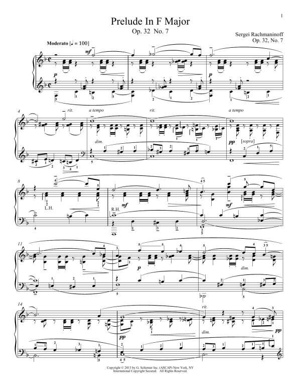 Sergei Rachmaninoff Prelude In F Major, Op. 32, No. 7 Musik Noten - Piano Solo - 99695-0