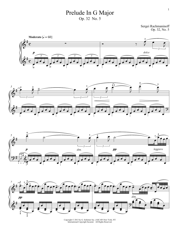Sergei Rachmaninoff Prelude In G Major, Op. 32, No. 5 Musik Noten - Piano Solo - 99702-0