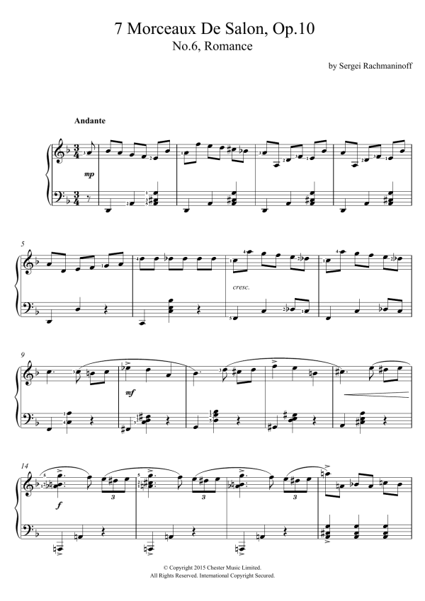 Sergei Rachmaninoff Romance (No.6 From 7 Morceaux De Salon, Op.10) Musik Noten - Piano & Vocal - 121324-0