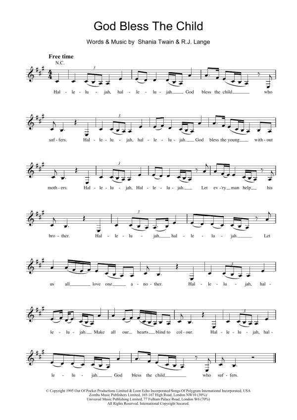 Shania Twain God Bless The Child Musik Noten - Lead Sheet / Fake Book - 19232-0