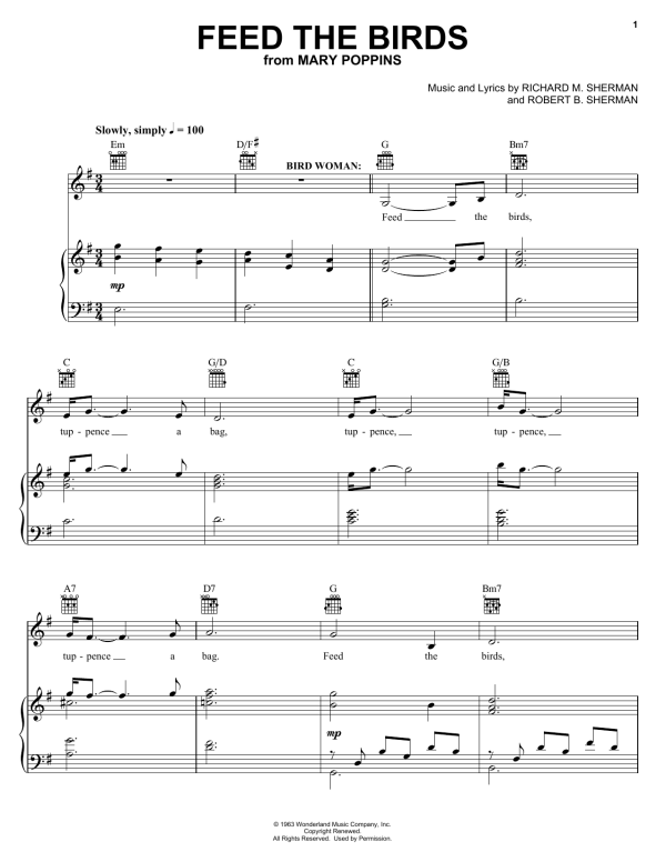 Sherman Brothers Feed The Birds (Tuppence A Bag) (from Mary Poppins: The Musical) Musik Noten - Piano, Vocal & Guitar Chords - 58888-0