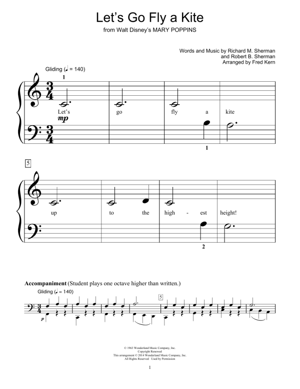 Sherman Brothers Let's Go Fly A Kite (from Mary Poppins) (arr. Fred Kern) Musik Noten - Educational Piano - 153094-0