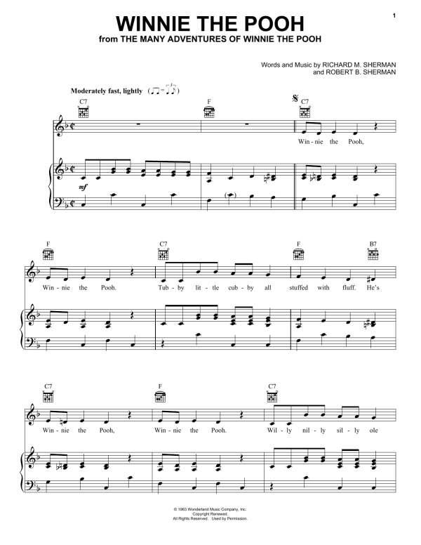 Sherman Brothers Winnie The Pooh (from The Many Adventures Of Winnie The Pooh) Musik Noten - Piano, Vocal & Guitar Chords - 16809-0