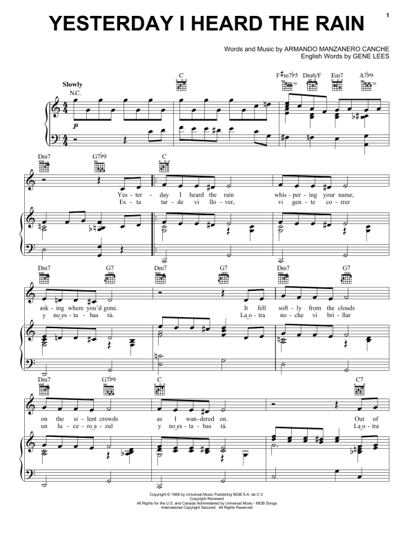 Shirley Bassey Yesterday I Heard The Rain Musik Noten - Piano, Vocal & Guitar Chords - 73301-0