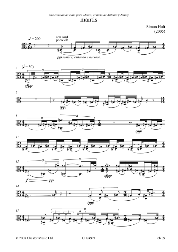 Simon Holt Mantis (for solo viola) Musik Noten - Viola Solo - 45654-0