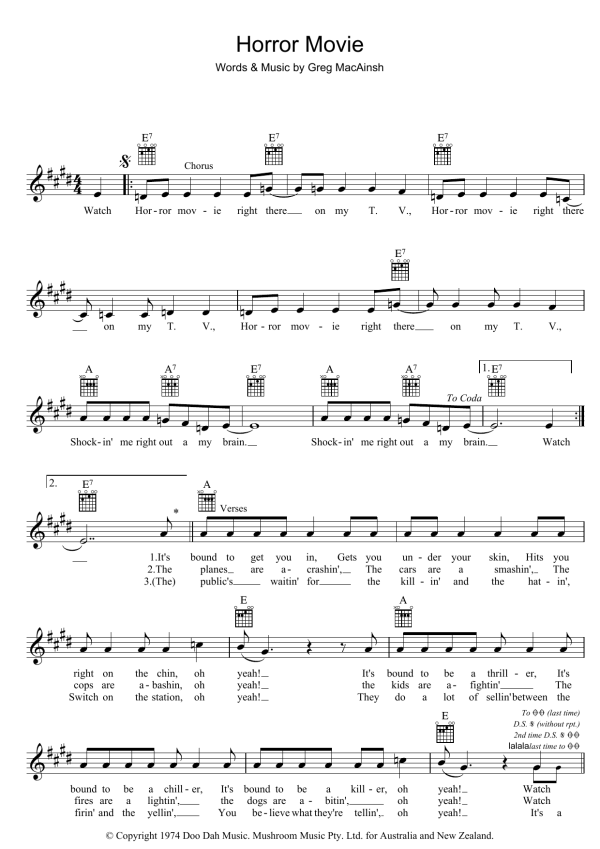 Skyhooks Horror Movie Musik Noten - Lead Sheet / Fake Book - 39311-0