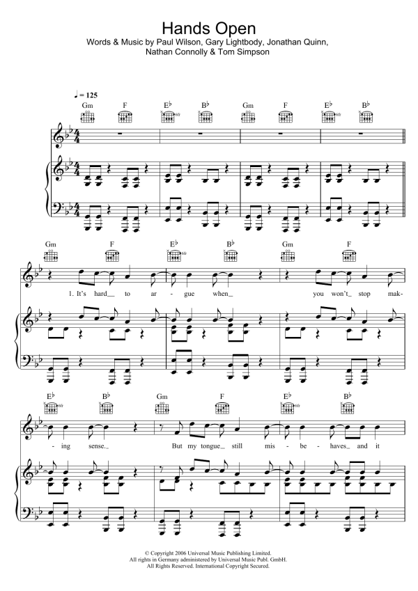 Snow Patrol Hands Open Musik Noten - Piano, Vocal & Guitar Chords - 100205-0