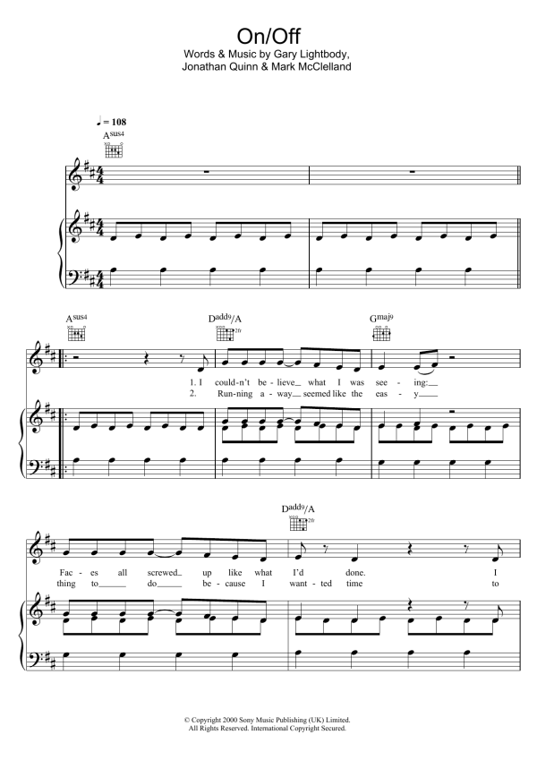 Snow Patrol On Off Musik Noten - Piano, Vocal & Guitar Chords - 100207-0