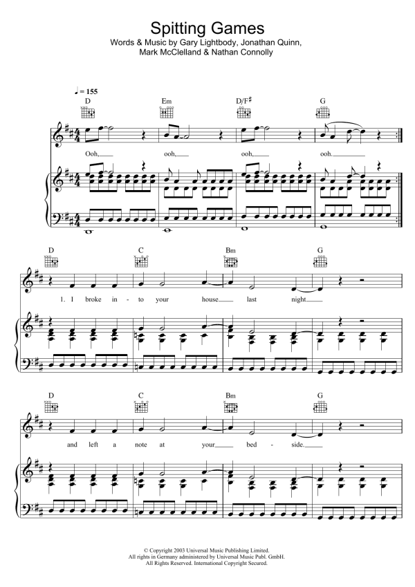 Snow Patrol Spitting Games Musik Noten - Piano, Vocal & Guitar Chords - 100209-0
