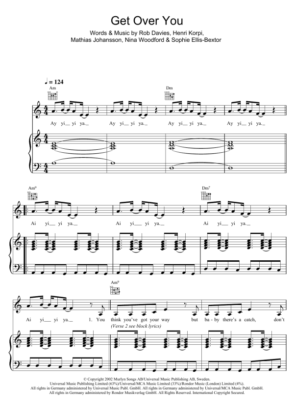 Sophie Ellis-Bextor Get Over You Musik Noten - Piano, Vocal & Guitar Chords - 104202-0
