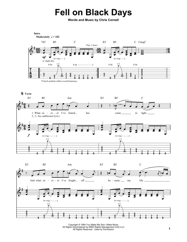 Soundgarden Fell On Black Days Musik Noten - Guitar Chords/Lyrics - 162100-0