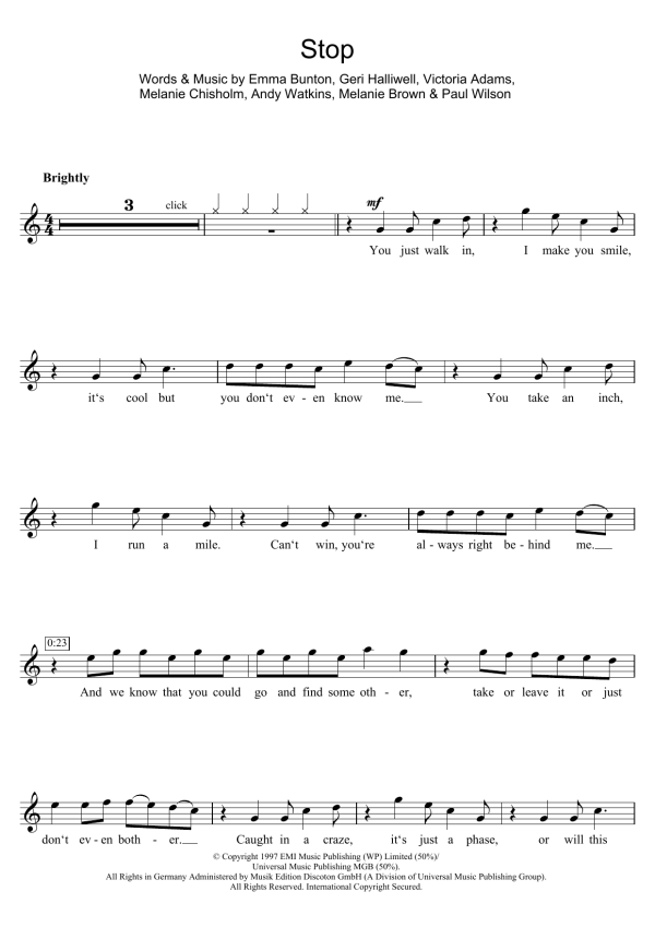 Spice Girls Stop Musik Noten - Flute Solo - 107974-0