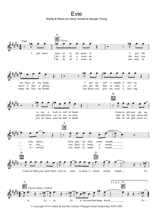 Stevie Wright Evie (Pt. 1, 2 and 3) Musik Noten - Lead Sheet / Fake Book - 39258-0