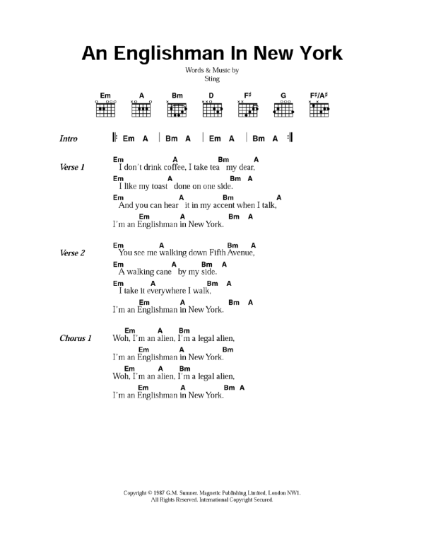 Sting An Englishman In New York Musik Noten - Guitar Chords/Lyrics - 45670-0