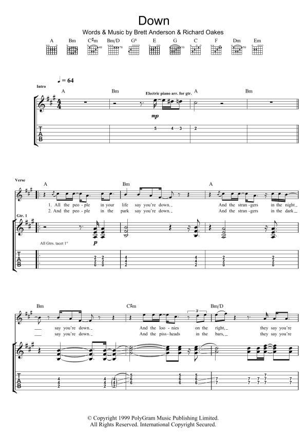 Suede Down Musik Noten - Guitar Tab - 105797-0