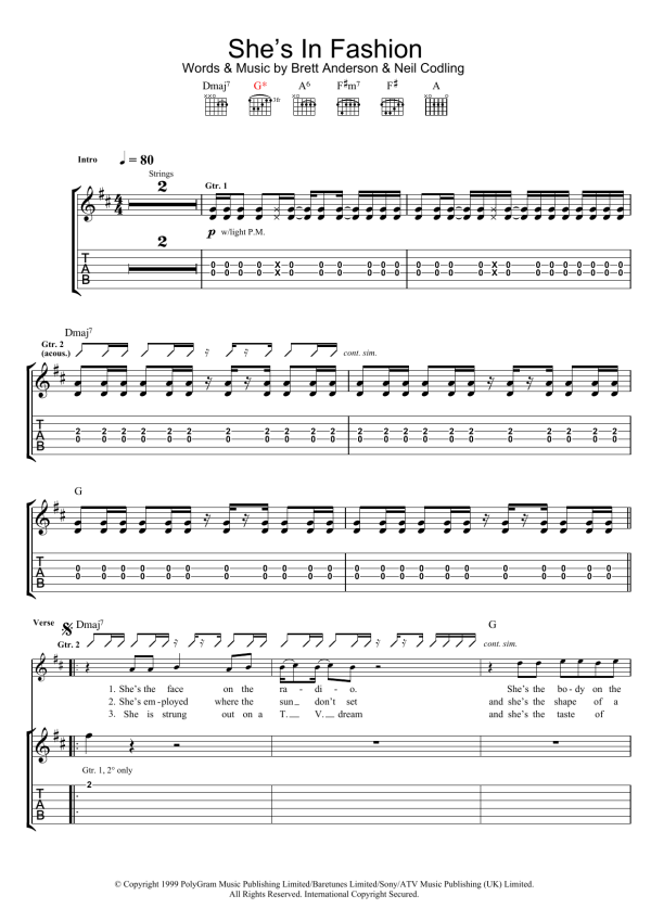 Suede She's In Fashion Musik Noten - Guitar Tab - 105788-0