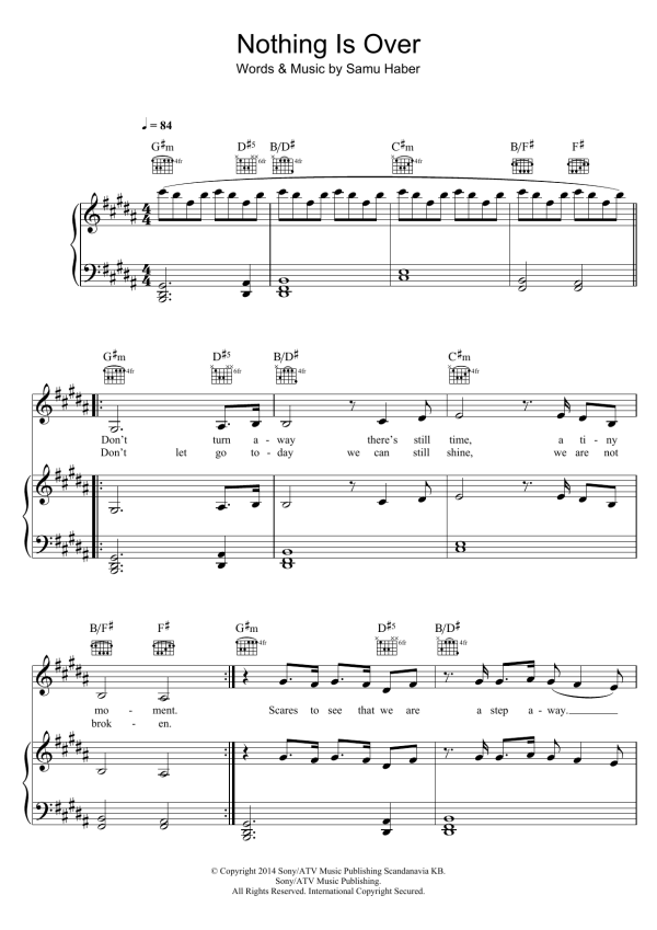 Sunrise Avenue Nothing Is Over Musik Noten - Piano, Vocal & Guitar Chords - 120652-0