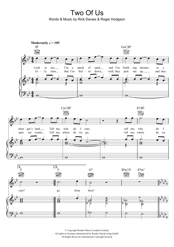 Supertramp Two Of Us Musik Noten - Piano, Vocal & Guitar Chords - 101916-0