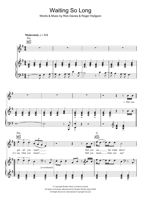 Supertramp Waiting So Long Musik Noten - Piano, Vocal & Guitar Chords - 101915-0