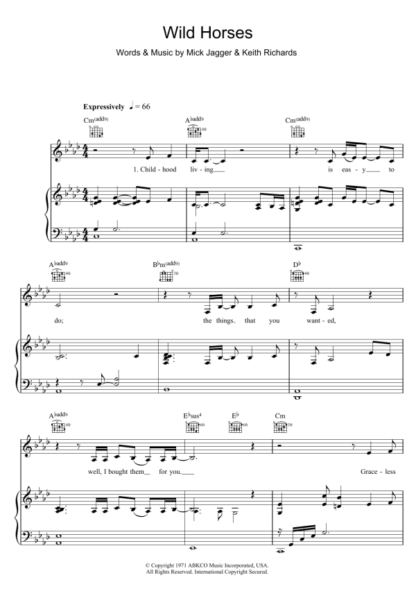 Susan Boyle Wild Horses Musik Noten - Piano, Vocal & Guitar Chords - 111663-0