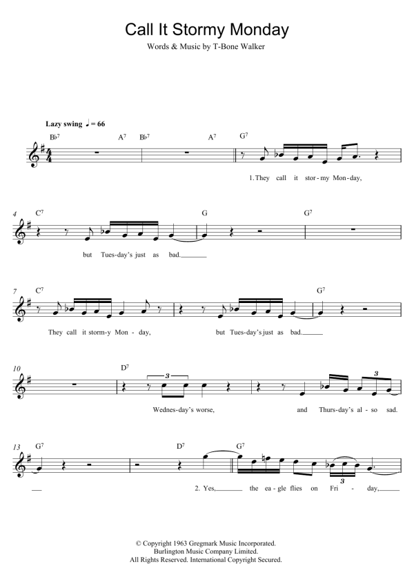 T-Bone Walker Call It Stormy Monday (But Tuesday Is Just As Bad) Musik Noten - Lead Sheet / Fake Book - 100139-0