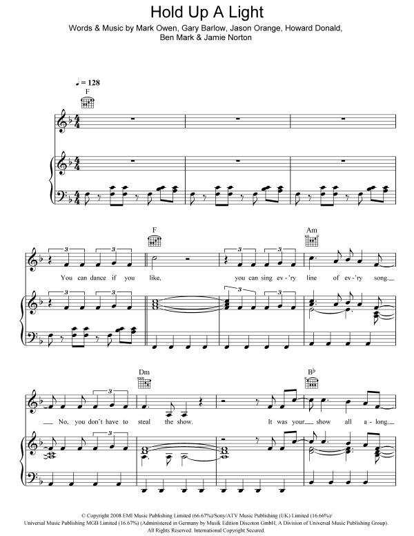 Take That Hold Up A Light Musik Noten - Piano, Vocal & Guitar Chords - 44481-0